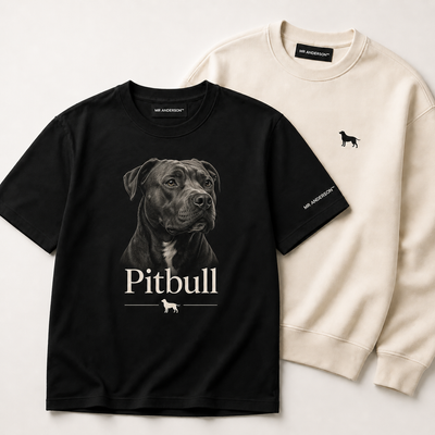 MR ANDERSON™ Pitbull collection mockup featuring a black Pitbull graphic T-shirt and a cream sweatshirt on a clean neutral background.