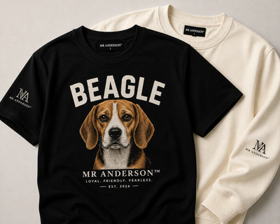 MR ANDERSON™ Beagle collection mockup featuring a black Beagle graphic T-shirt and a cream sweatshirt