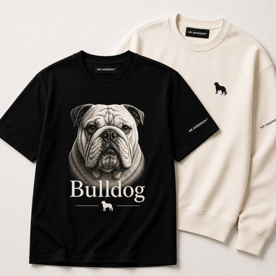 MR ANDERSON™ Bulldog collection mockup featuring a black Bulldog graphic T-shirt and a cream sweatshirt on a clean neutral background.