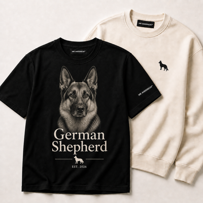 MR ANDERSON™ German Shepherd collection mockup featuring a black German Shepherd graphic T-shirt and a cream sweatshirt