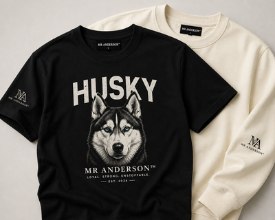 MR ANDERSON™ Husky collection mockup featuring a black Husky graphic T-shirt and a cream sweatshirt on a clean neutral background