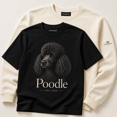 MR ANDERSON™ Poodle collection mockup featuring a black Poodle graphic T-shirt and a cream sweatshirt